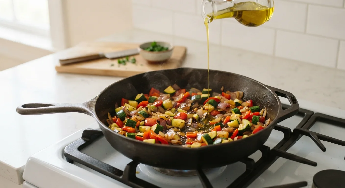Légumes coupés qui revient dans une poêle avec un filet d'huile d'olive