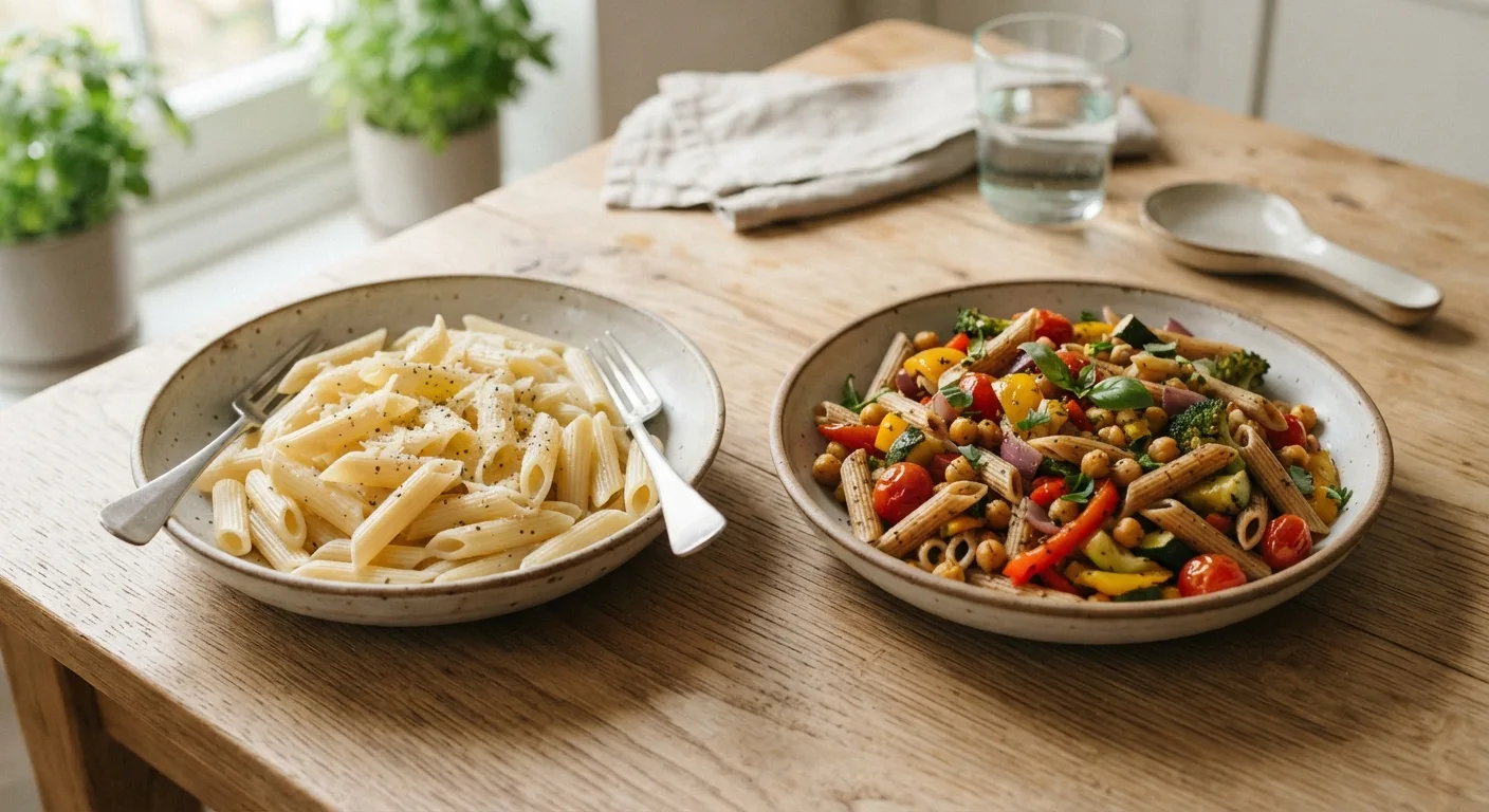 Deux assiettes de pâtes côte à côte, l'une de pâtes blanches seules, l'autre de pâtes complètes avec des légumes et des pois chiches