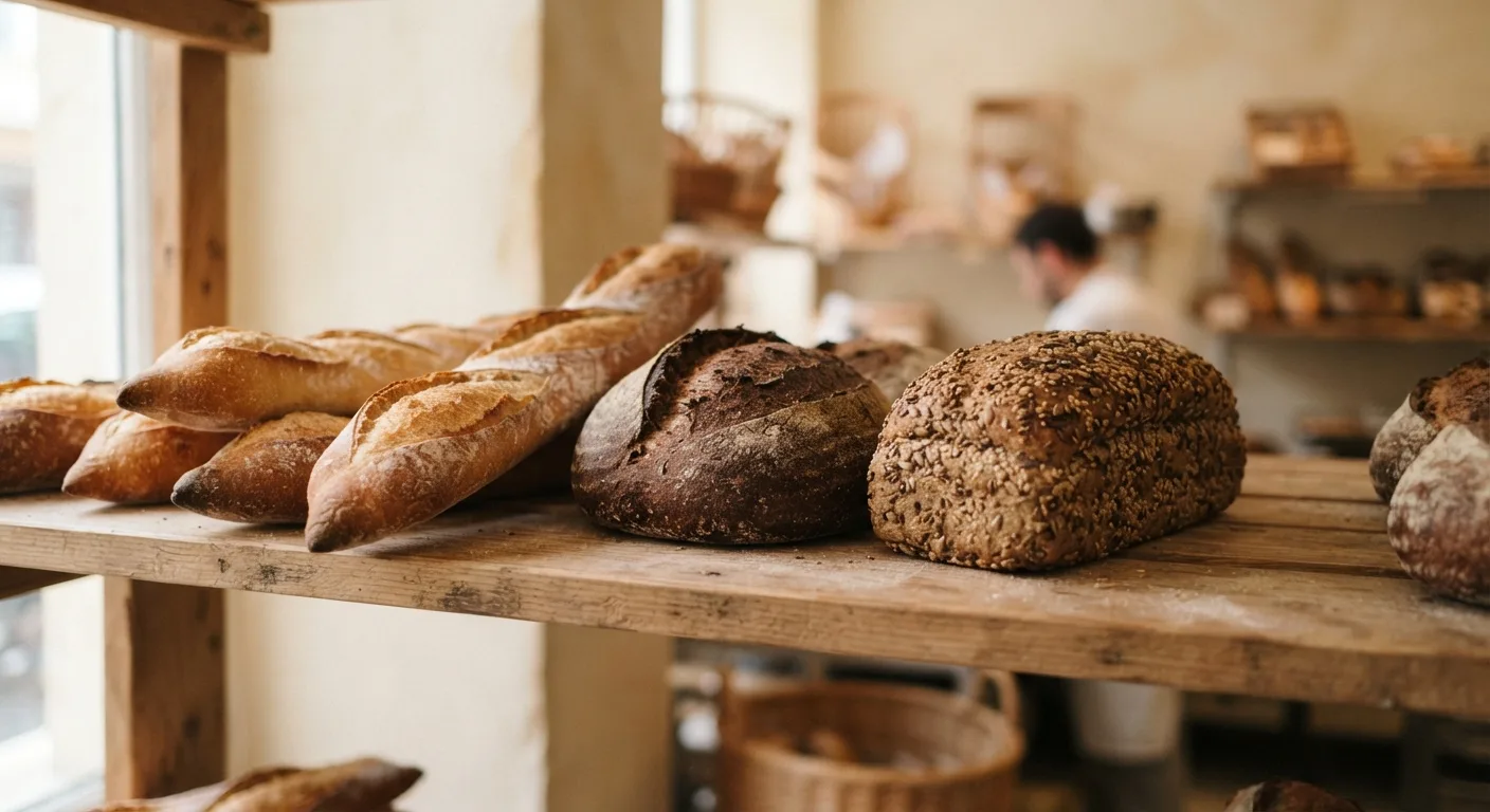 Plusieurs pains présentés sur une étagère de boulangerie, dont une baguette, un pain complet et un pain aux céréales