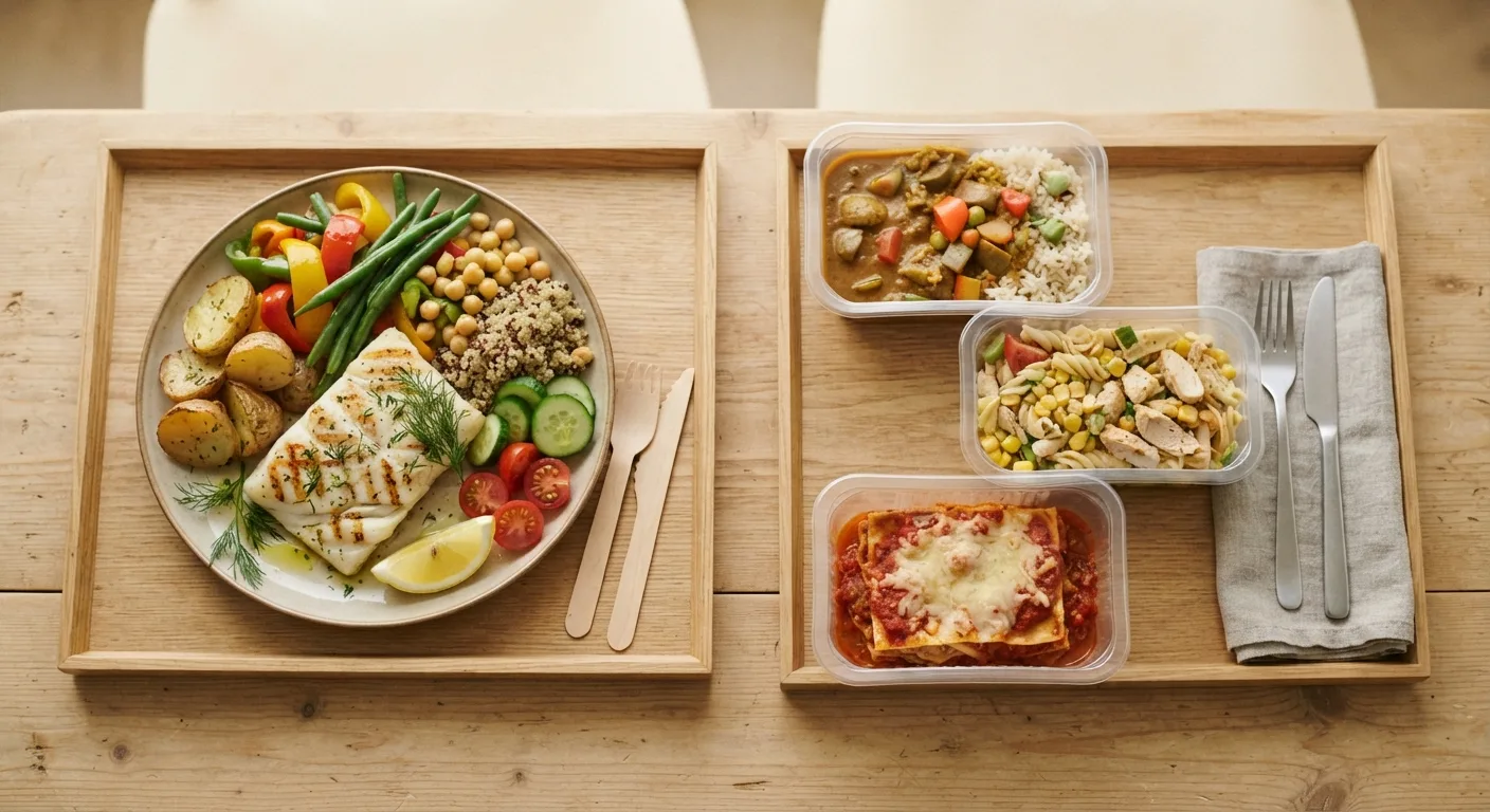 Deux plateaux-repas comparés, l'un composé d'aliments frais, l'autre de produits industriels emballés