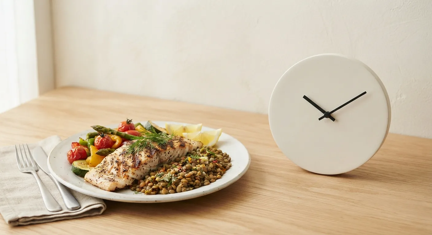 Assiette de légumes, légumineuses et poisson posée à côté d'une horloge murale sur une table en bois