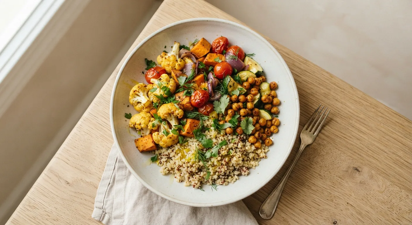 Bol de légumes rôtis, pois chiches et céréales complètes arrosé d'huile d'olive