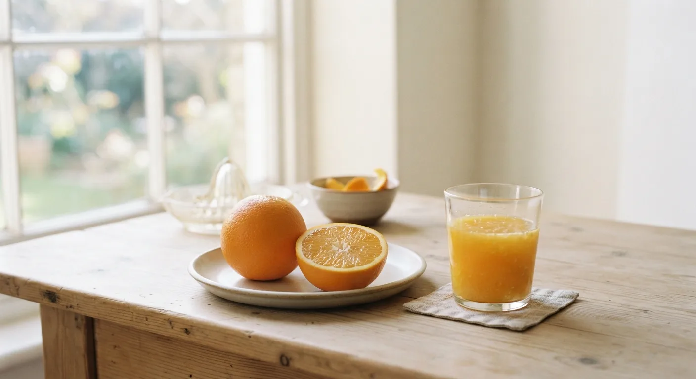 Une orange entière posée à côté d'un verre de jus d'orange sur une table de petit-déjeuner