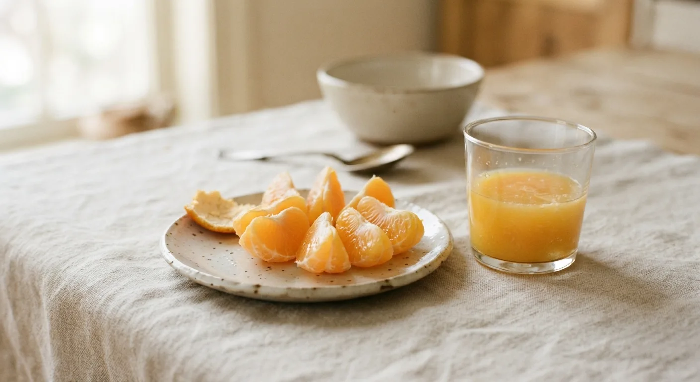 Une orange épluchée en quartiers sur une assiette, à côté d'un petit verre de jus