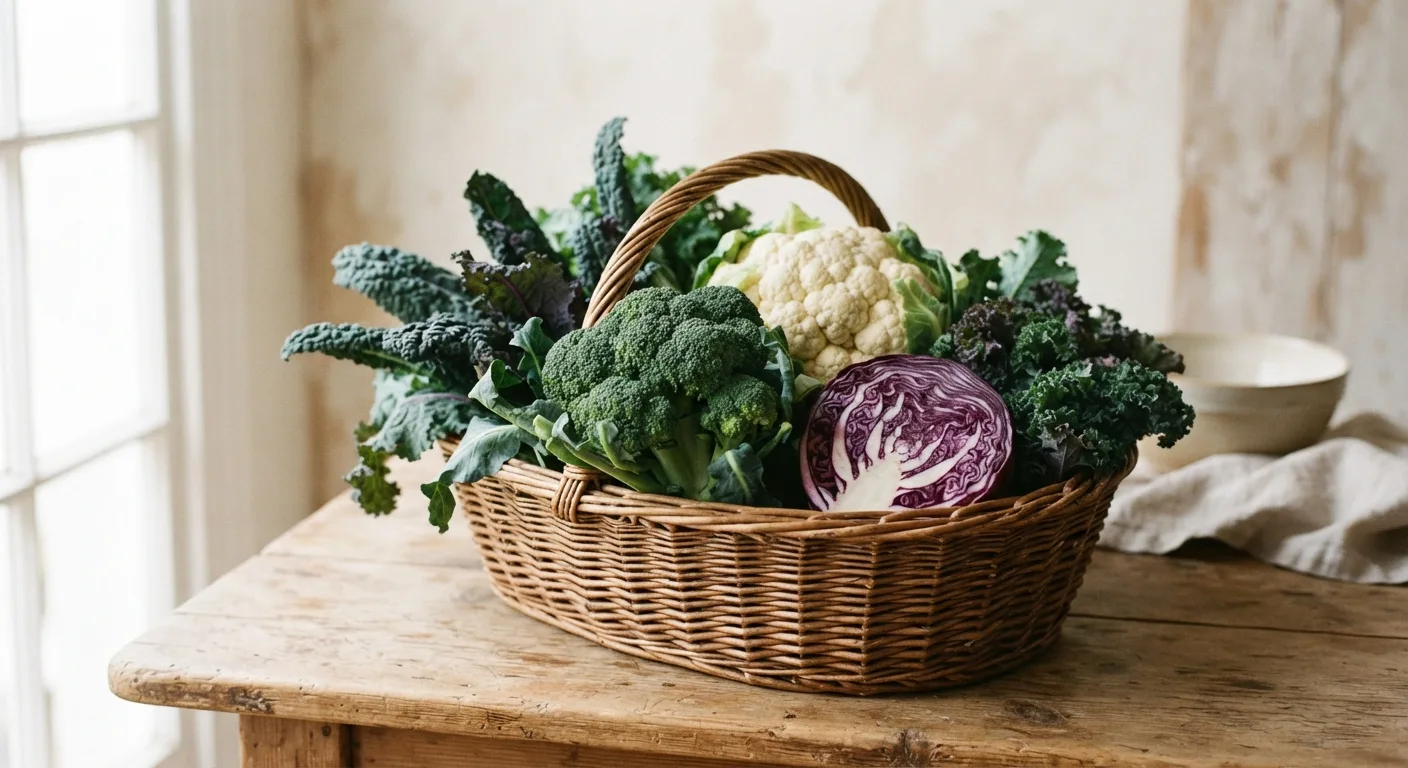 Un panier de marché d'automne avec brocoli, chou-fleur, chou kale et chou rouge
