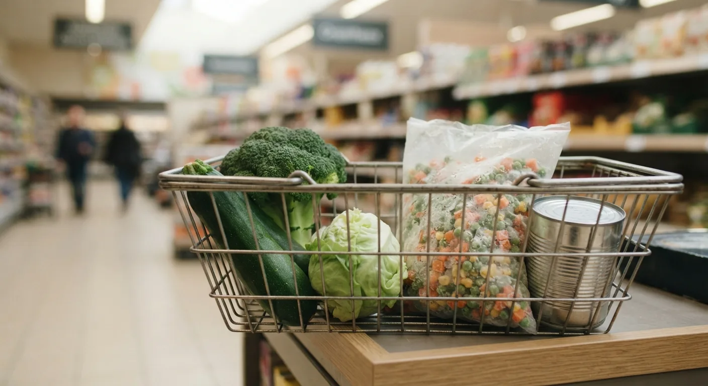 Un panier de courses mêlant légumes frais, sachet de légumes surgelés et boîte de conserve dans un supermarché