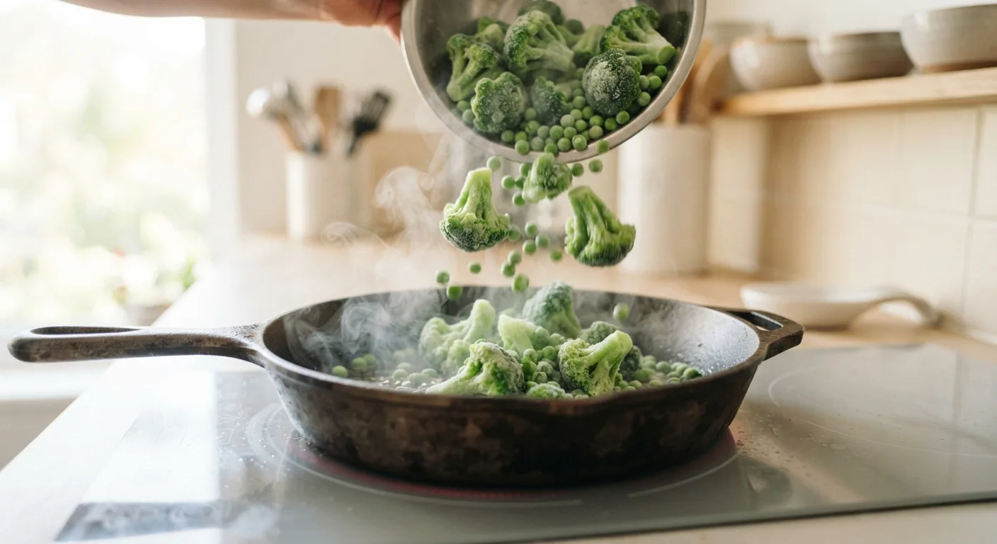 Des légumes surgelés versés dans une poêle chaude pour un repas de semaine
