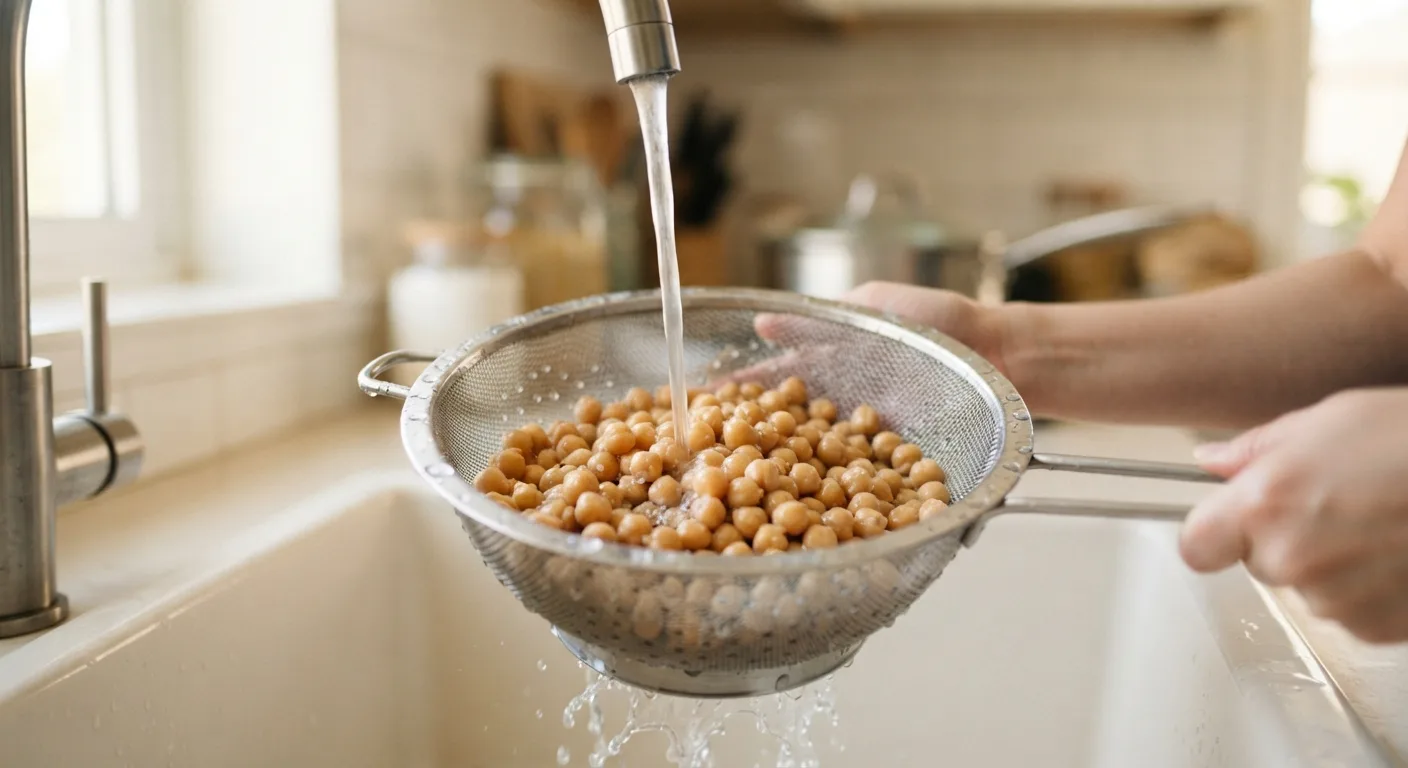 Des pois chiches en conserve rincés dans une passoire sous un filet d'eau