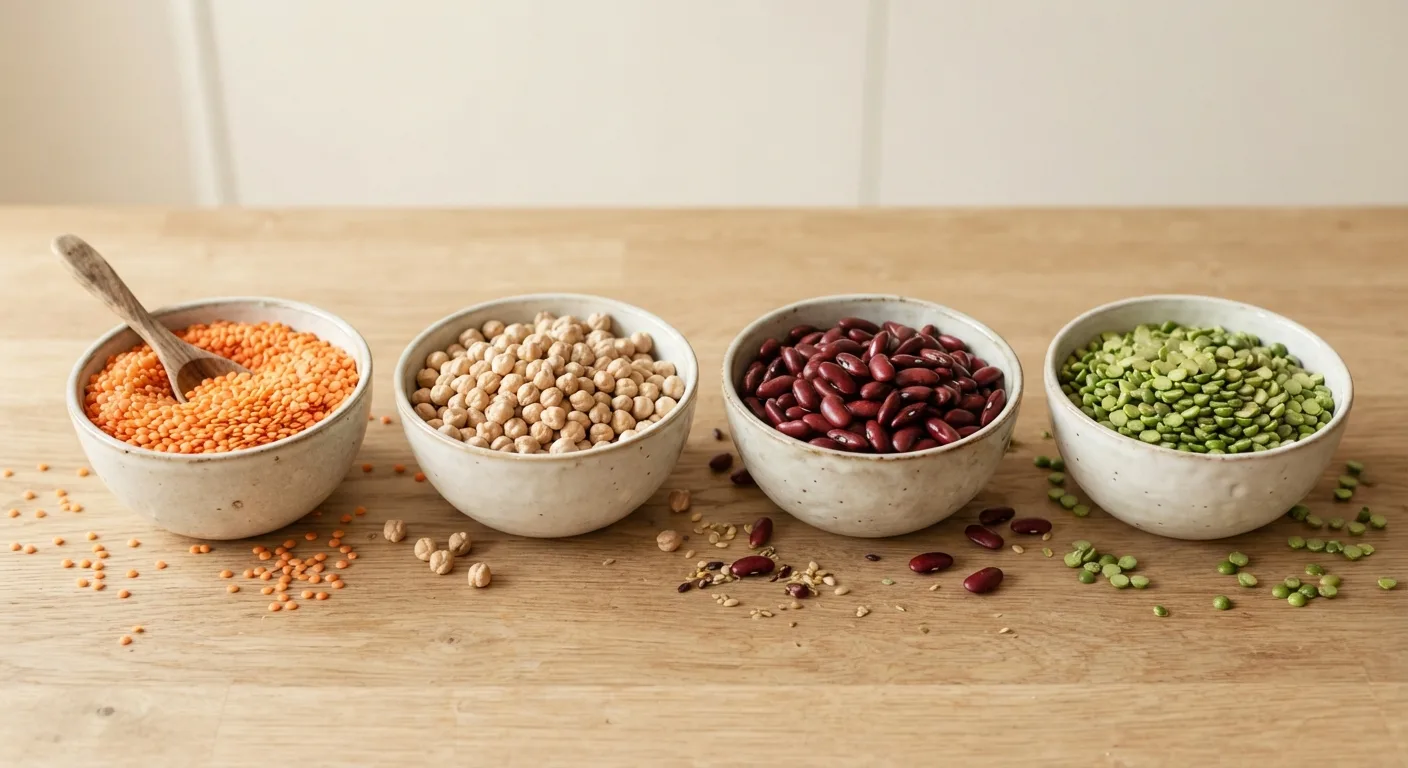 Assortiment de légumineuses sèches dans des bols : lentilles corail, pois chiches, haricots rouges et pois cassés