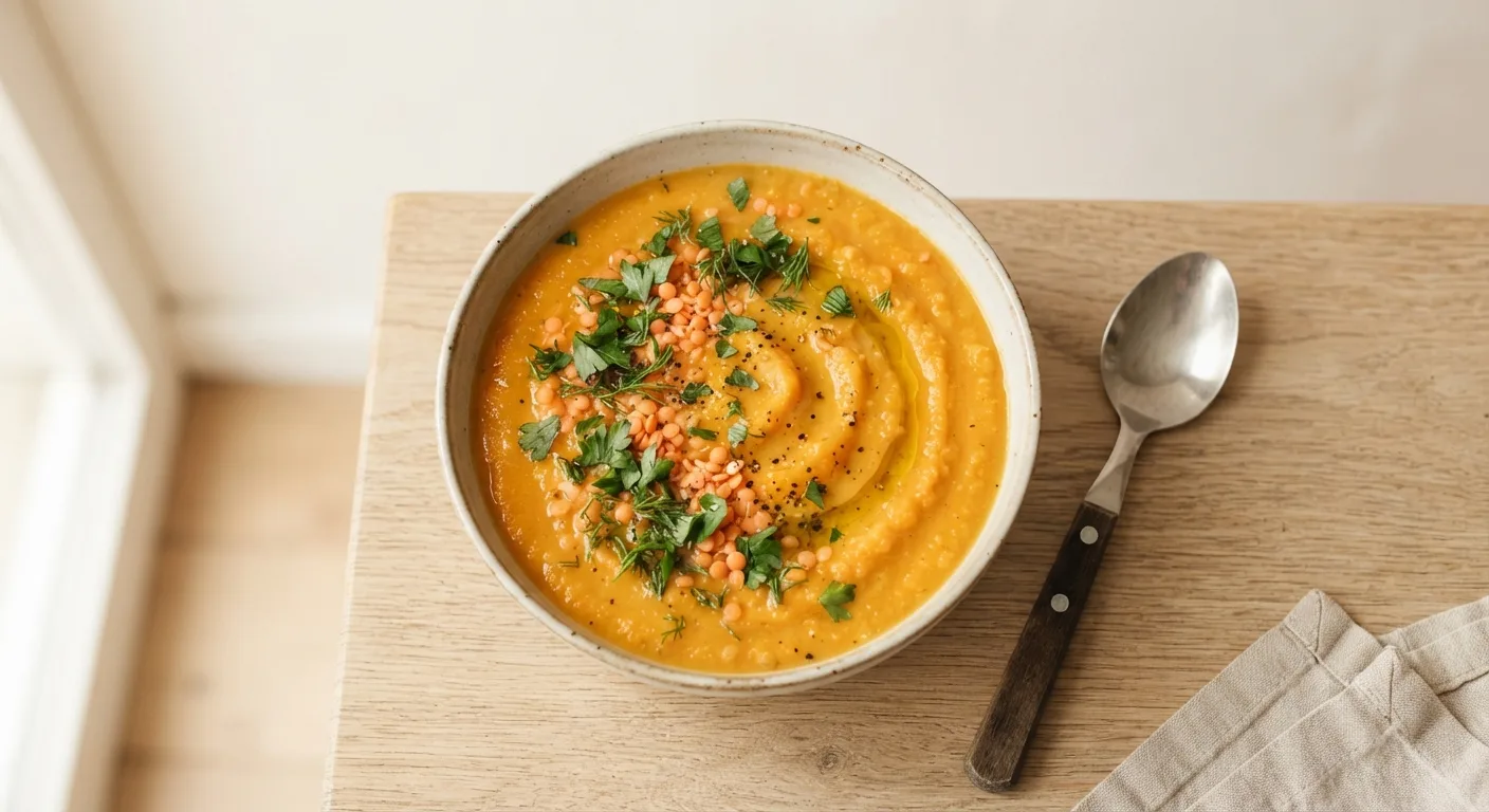 Bol de soupe de légumes dans lequel ont été ajoutées quelques cuillères de lentilles corail