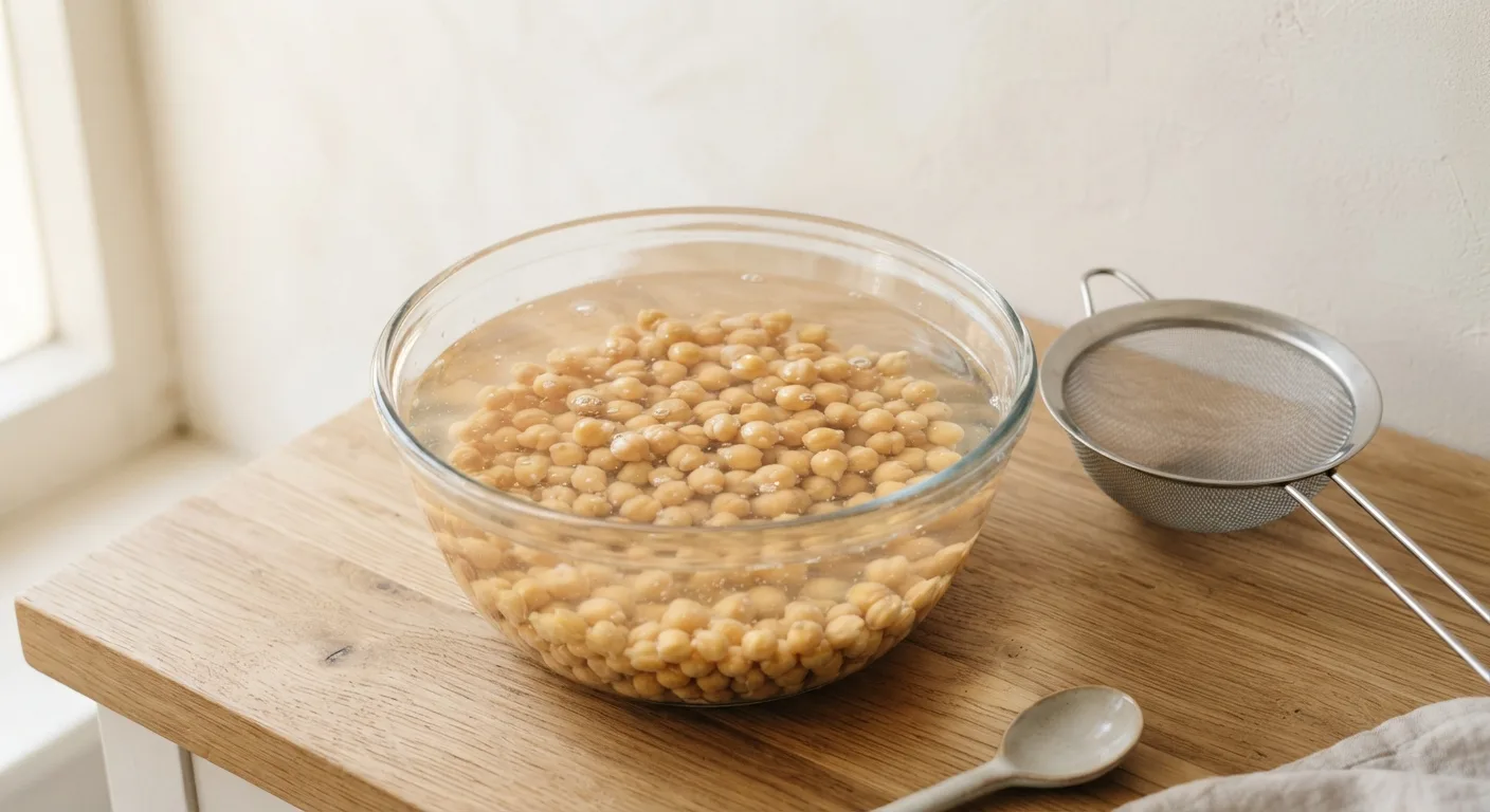 Pois chiches secs en train de tremper dans un grand bol d'eau, à côté d'une passoire