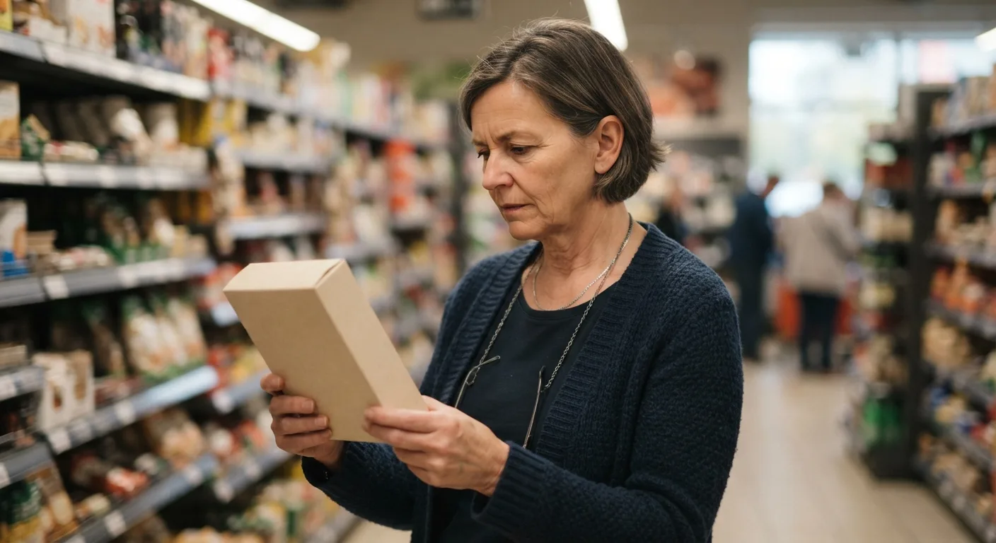 Une personne retourne un paquet pour lire la liste des ingrédients dans un rayon de supermarché