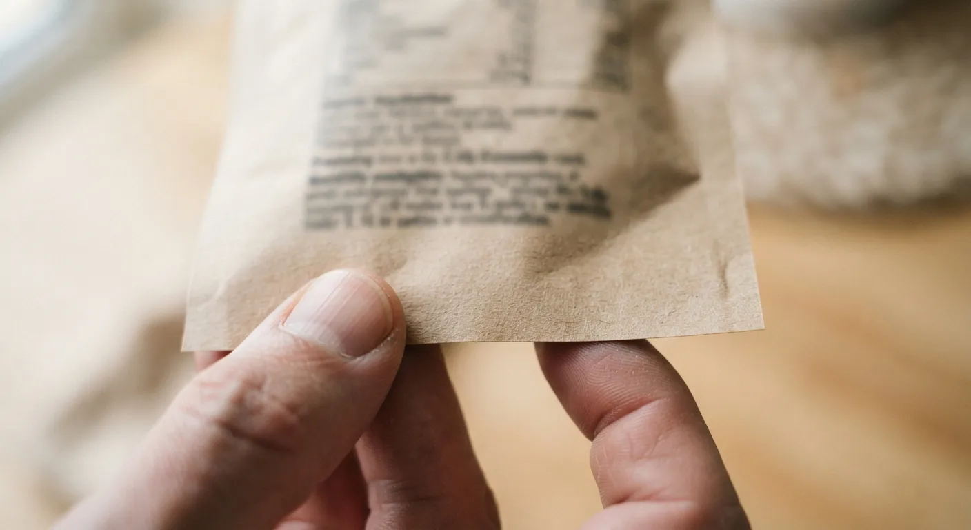 Gros plan sur le dos d'un emballage alimentaire générique montrant un bloc de texte dense