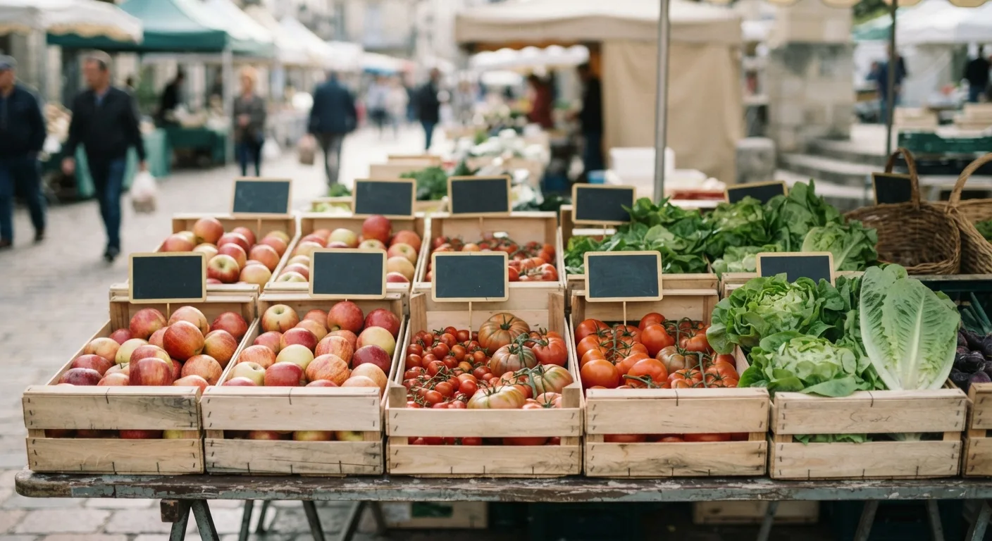 Un étal de marché présentant côte à côte des fruits et légumes bio et conventionnels avec leurs étiquettes de prix