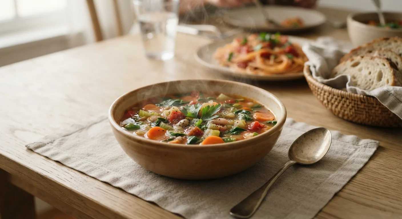 Un bol de soupe de légumes servi en entrée avant un plat de féculents