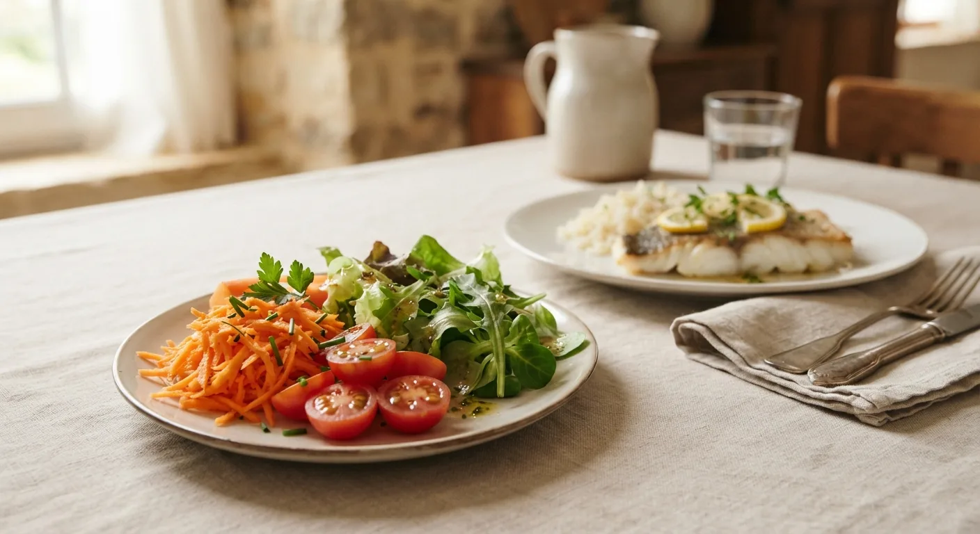 Une entrée de crudités servie avant le plat principal sur une table de repas