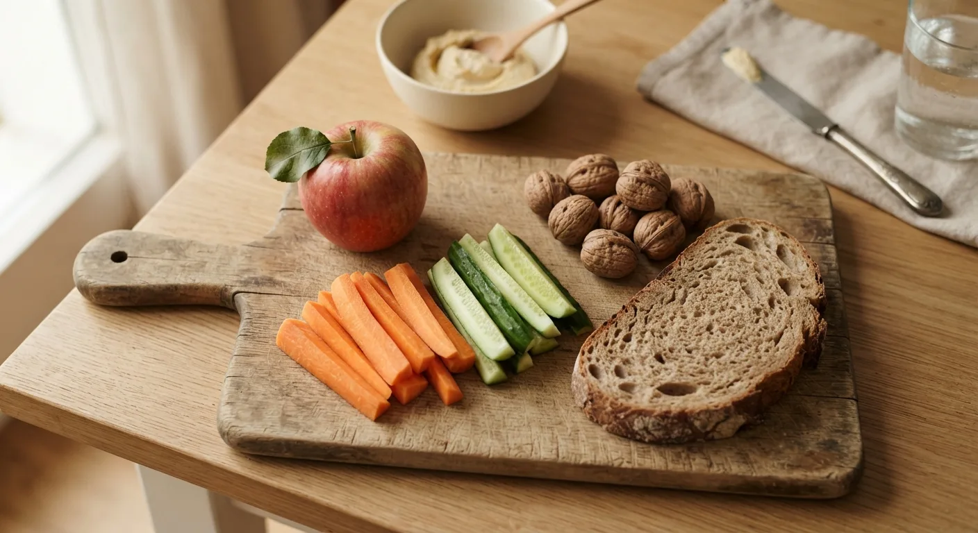 Une planche avec une pomme entière, des bâtonnets de carotte, une poignée de noix et une tranche de pain complet