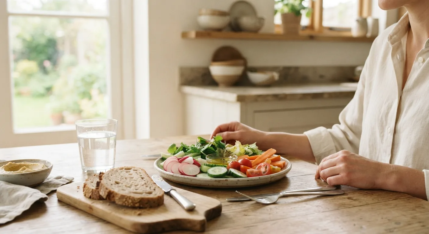Une personne attablée chez elle, couverts posés à côté d'une assiette de crudités et de pain complet