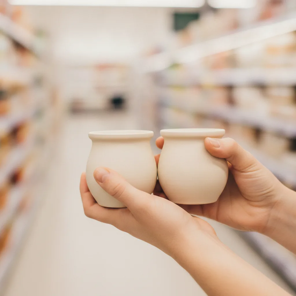 Deux pots de yaourt tenus côte à côte devant un rayon de supermarché, au moment de les comparer