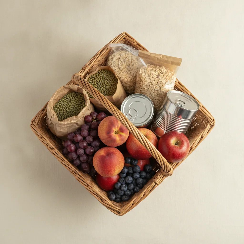 Panier de courses composé d'aliments simples et peu coûteux : lentilles, flocons d'avoine, conserves de légumes et fruits de saison
