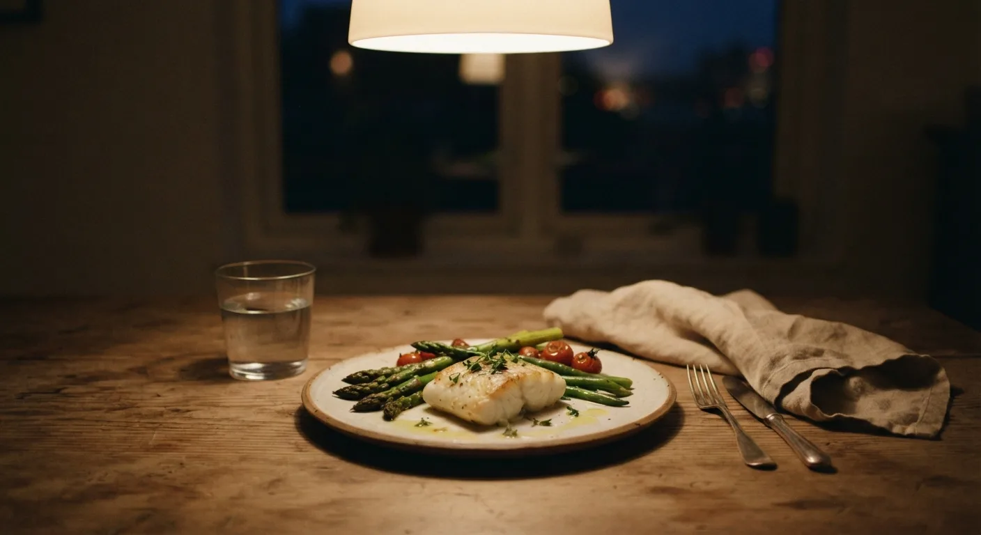 Un dîner léger composé de légumes et de poisson servi tard le soir sur une table éclairée