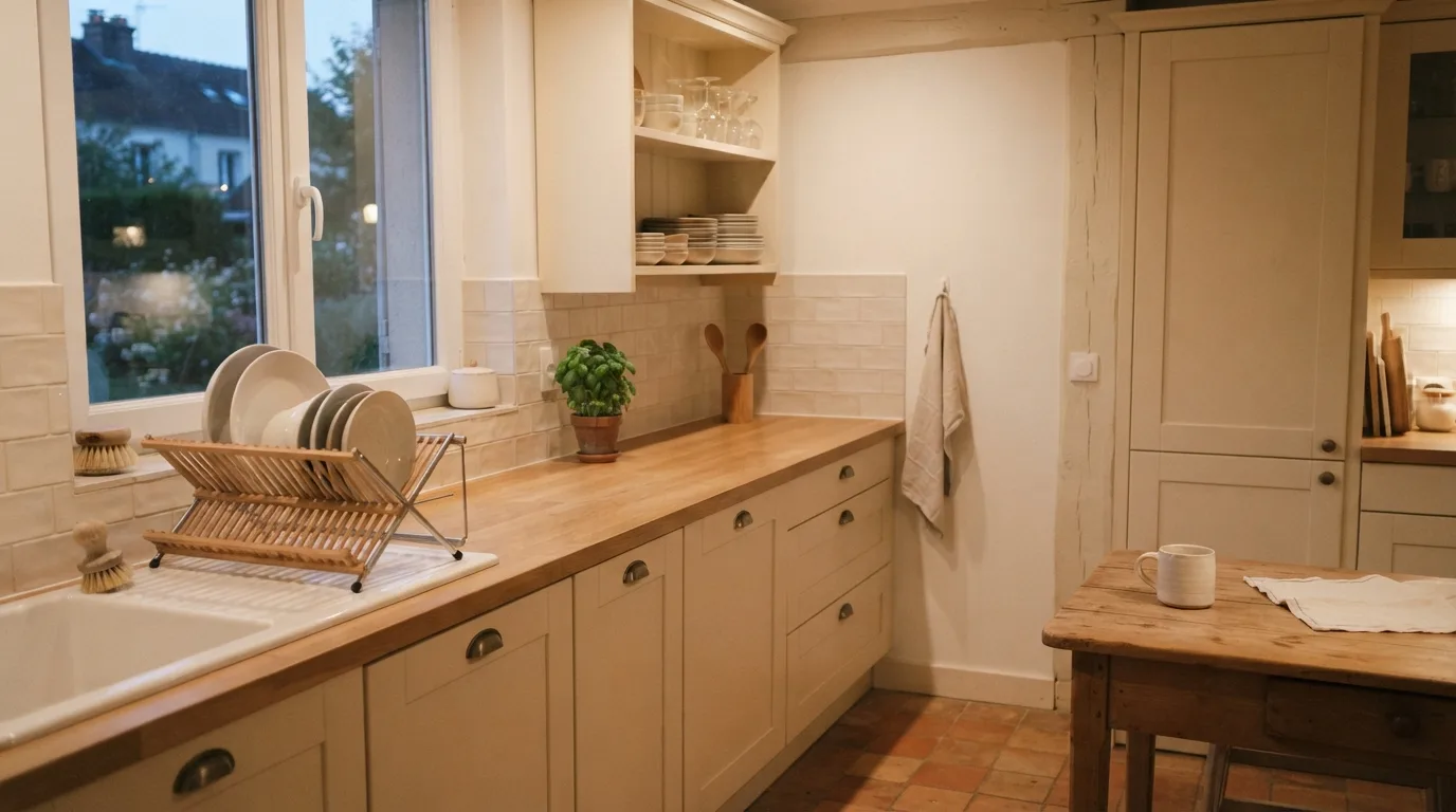 Une table de cuisine rangée et une tasse vide après le dîner, symbolisant la fin des prises alimentaires