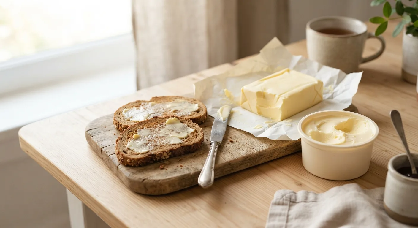 Une plaquette de beurre et une barquette de margarine posées côte à côte près de tartines de pain complet