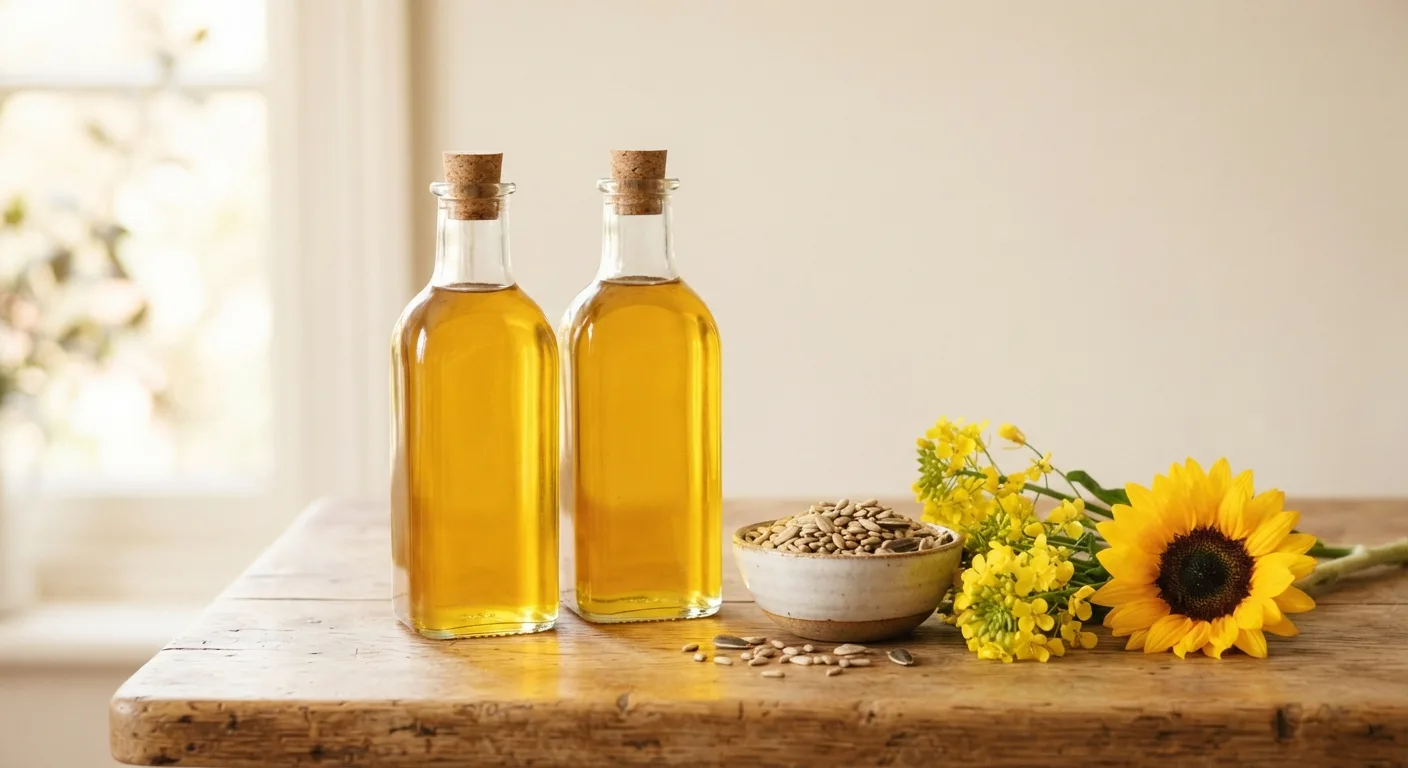 Une bouteille d'huile de colza et une bouteille d'huile de tournesol à côté de graines et de fleurs