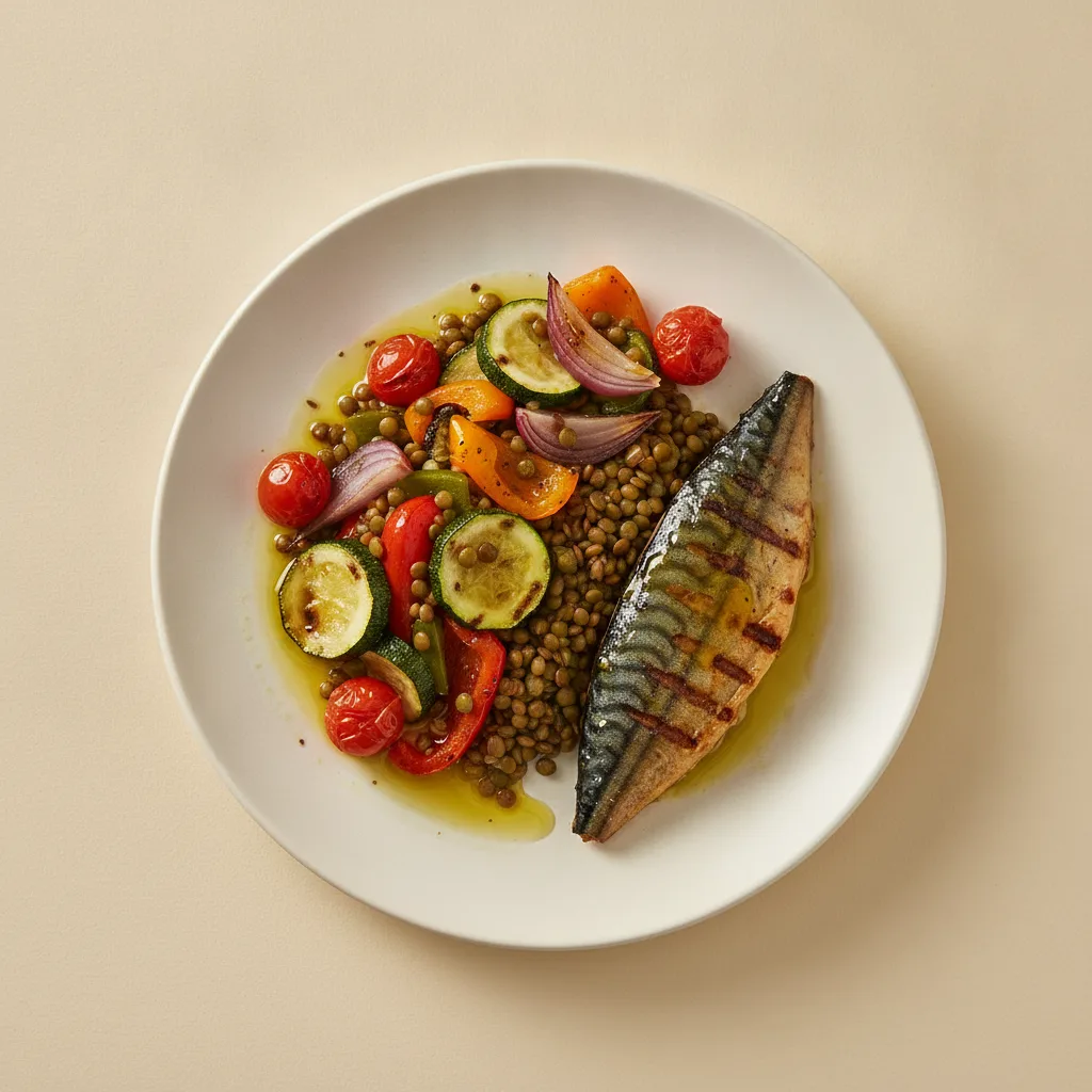 Assiette d'inspiration méditerranéenne composée de légumes, de légumineuses, de poisson et d'huile d'olive