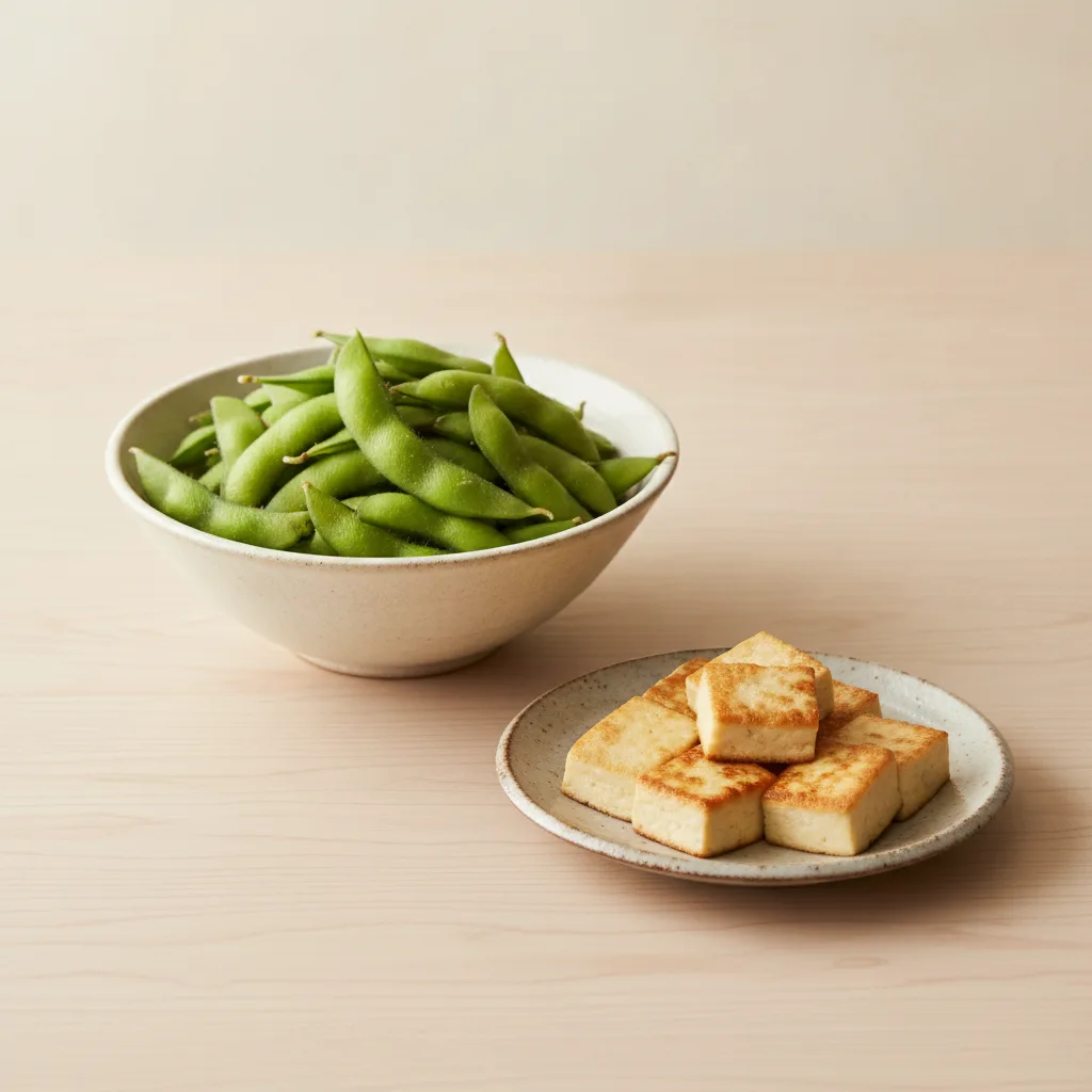 Bol d'edamame et assiette de tofu poêlé, deux formes de soja entier étudiées pour leur effet sur les bouffées de chaleur