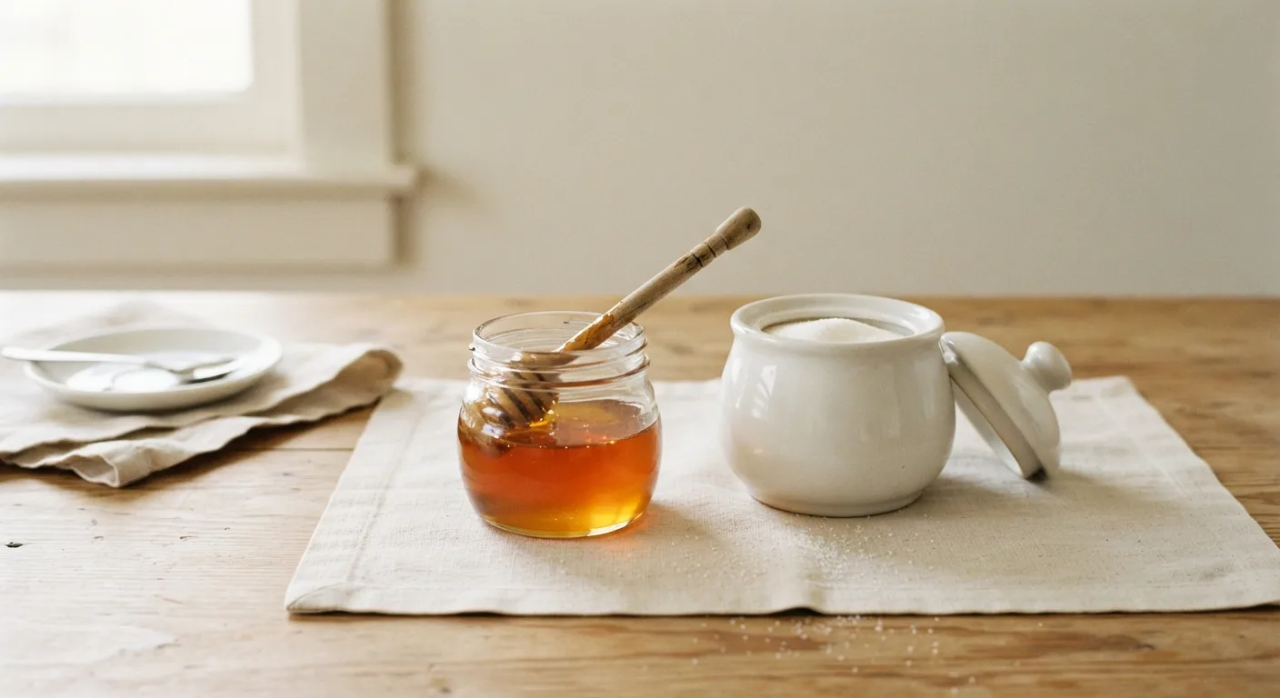 Un pot de miel ouvert et un sucrier posés côte à côte sur une table de petit-déjeuner