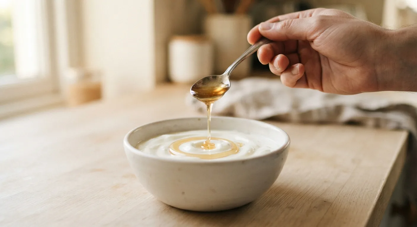 Une cuillère à café de miel versée dans un yaourt nature