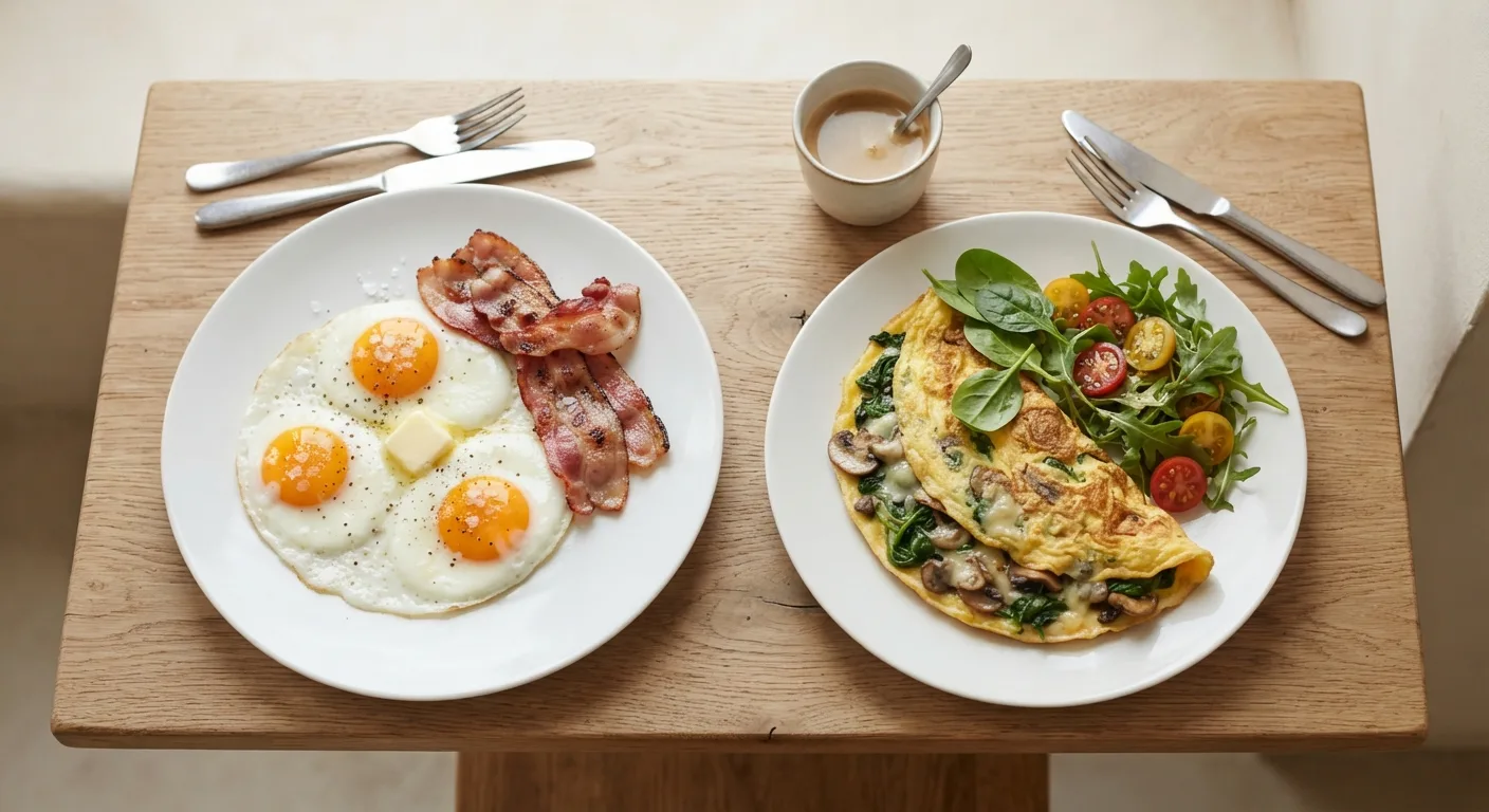 Deux assiettes d'œufs comparées, l'une avec bacon et beurre, l'autre en omelette accompagnée de légumes