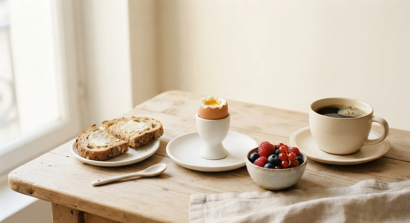 Un petit-déjeuner simple avec un œuf à la coque, du pain complet et des fruits frais posés sur une table en bois