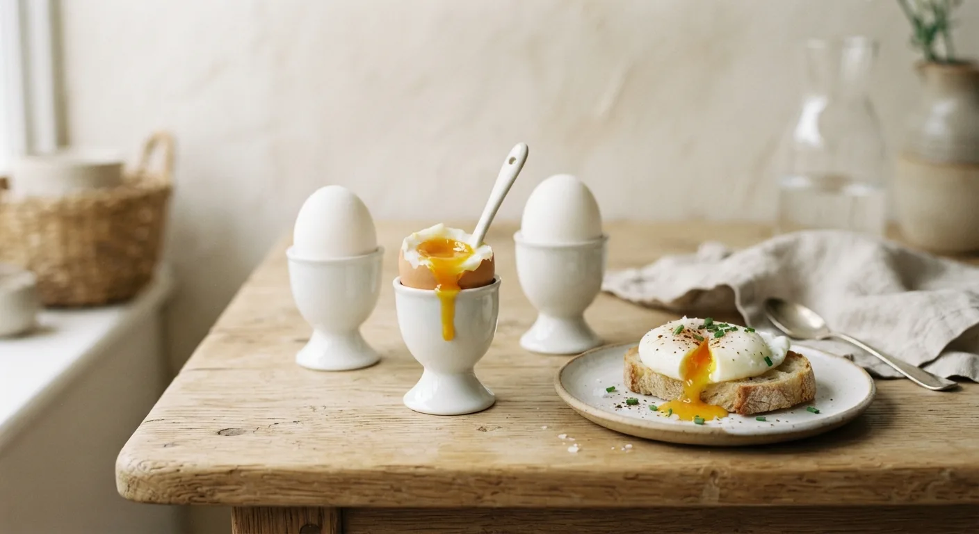 Œufs à la coque et œufs pochés présentés dans des coquetiers et une assiette blanche