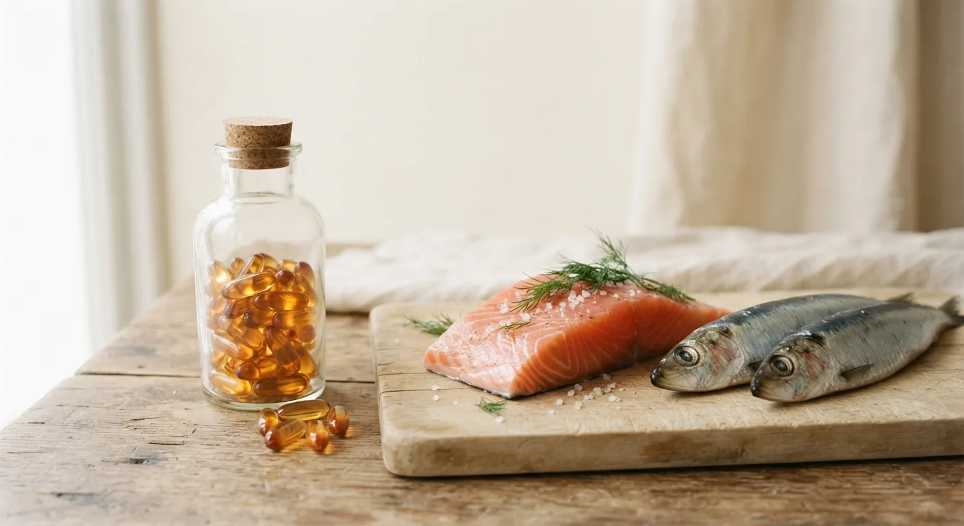 Une boîte de gélules d'huile de poisson posée à côté d'un filet de poisson gras frais sur une planche en bois