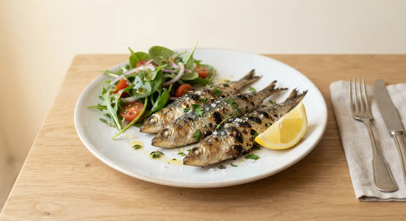 Assiette de sardines grillées accompagnées d'un quartier de citron et d'une salade verte