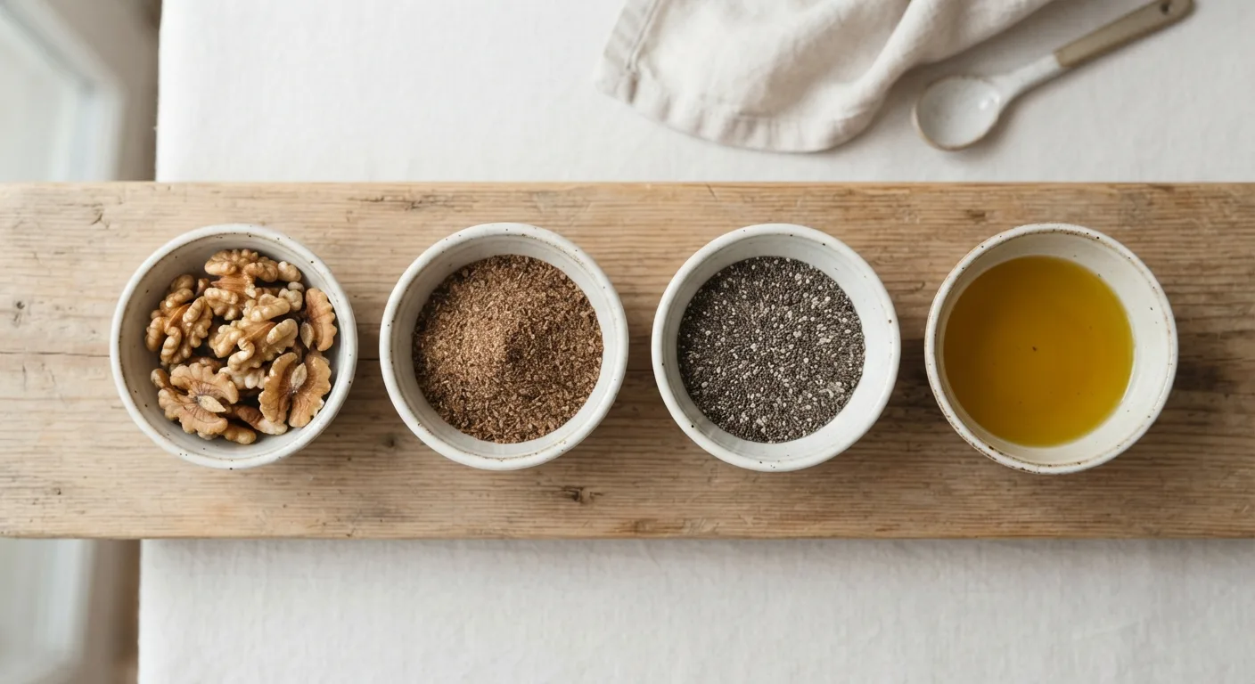 Noix, graines de lin moulues, graines de chia et huile de colza disposées dans de petits bols