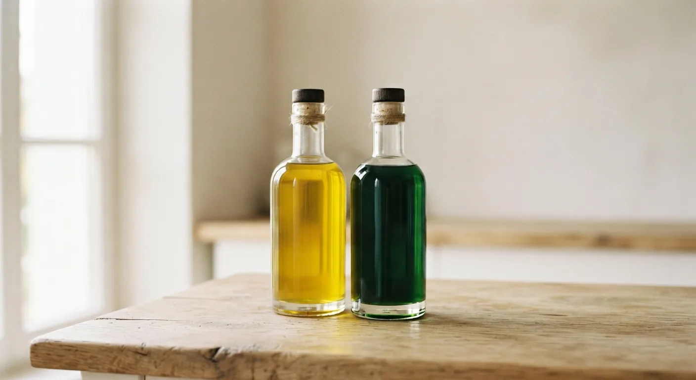 Deux bouteilles d'huile posées côte à côte sur un plan de travail, l'une dorée et l'autre verte