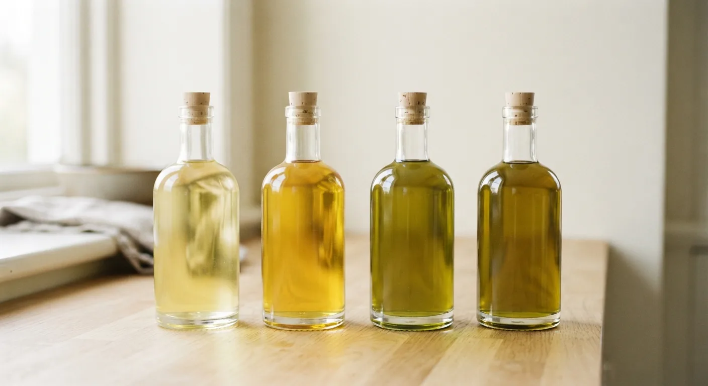 Quatre bouteilles d'huile alignées sur un plan de travail de cuisine, colza, olive, tournesol et noix