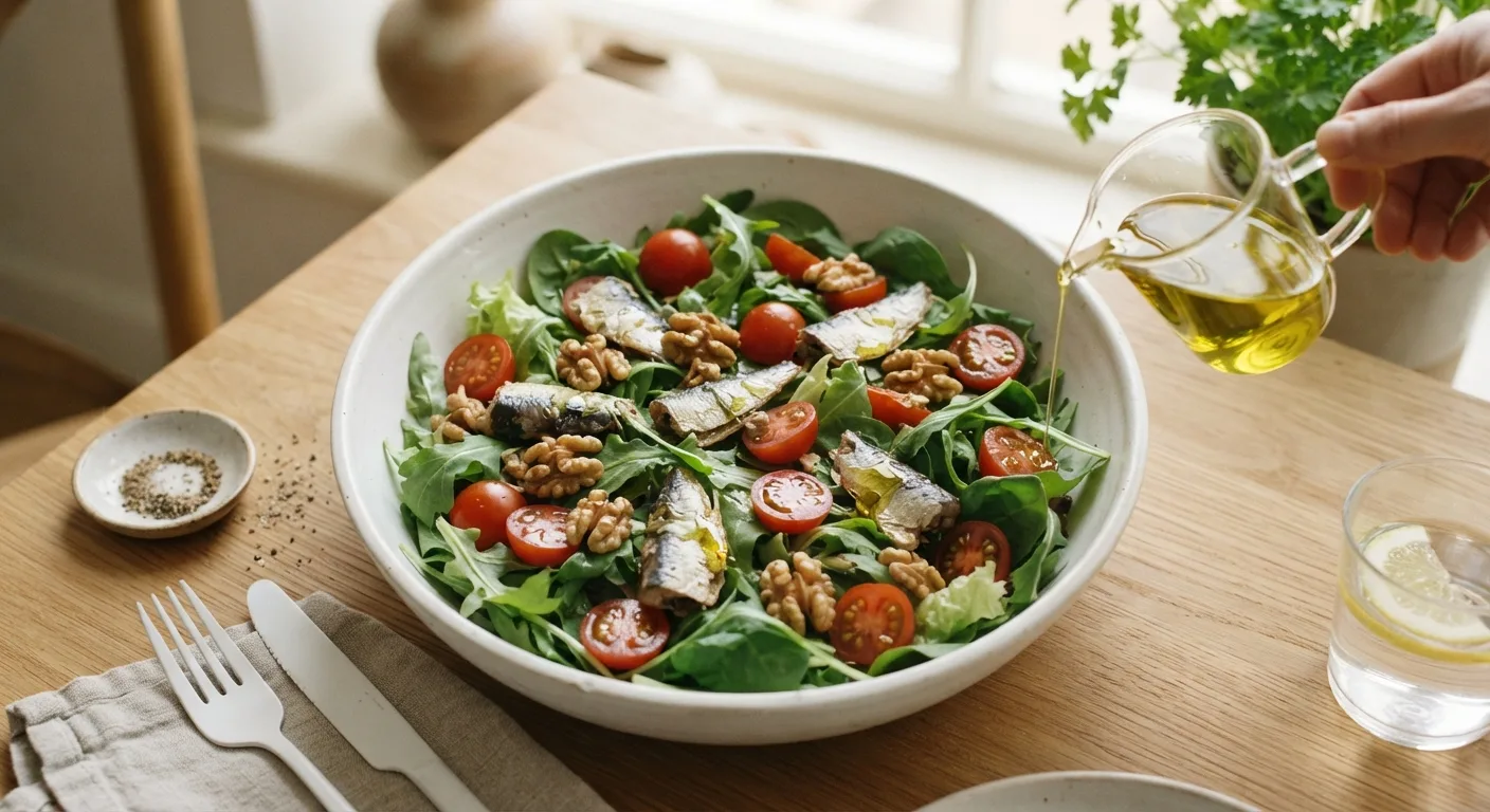 Une salade garnie de cerneaux de noix et de filets de sardines, arrosée d'un filet d'huile
