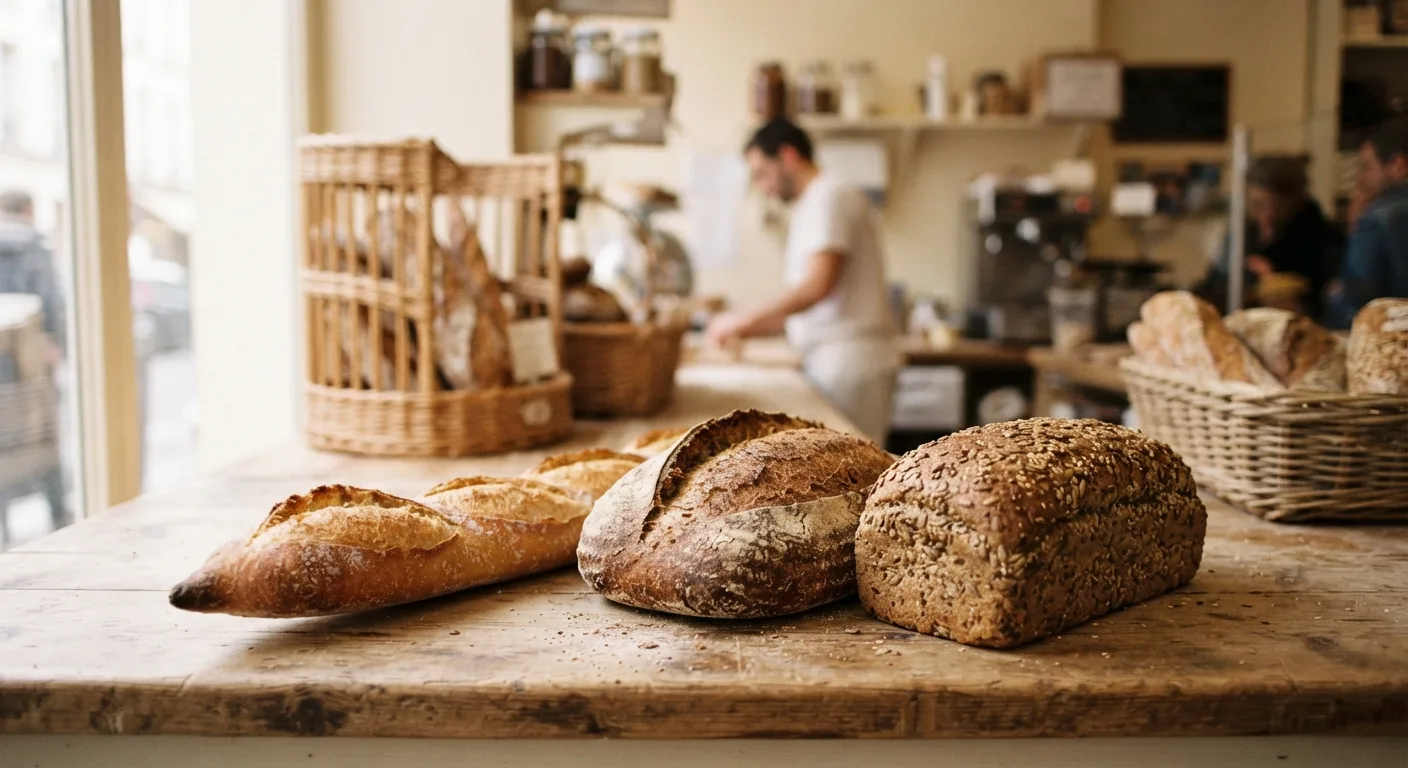 Une baguette, un pain complet et un pain aux céréales posés côte à côte sur un étal de boulangerie