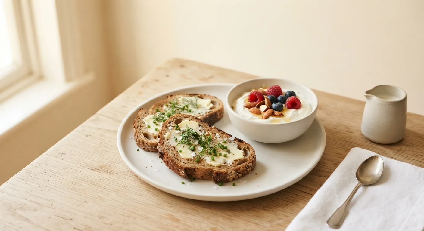 Deux tartines de pain complet au petit-déjeuner avec du fromage blanc et des fruits