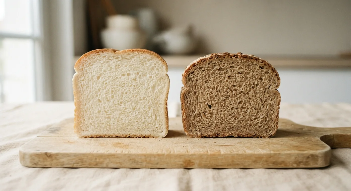 Une tranche de pain blanc et une tranche de pain complet posées côte à côte, avec leur mie visible