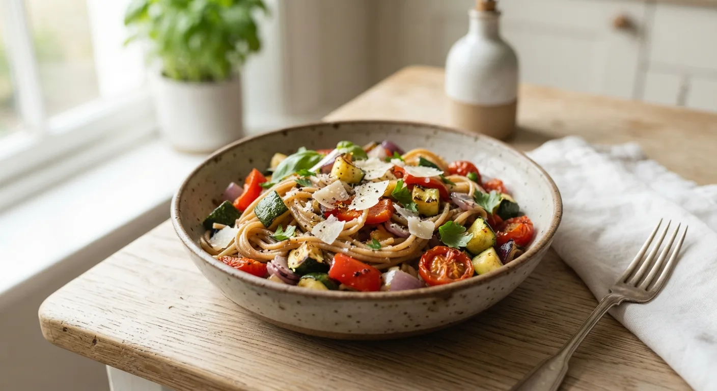 Une assiette de pâtes complètes al dente avec des légumes rôtis et un filet d'huile d'olive