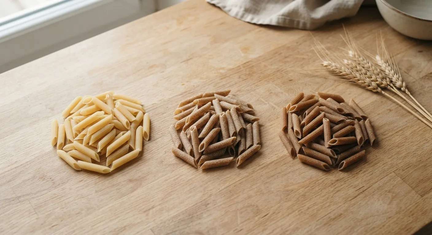 Trois petits tas de pâtes crues, blanches, semi-complètes et complètes, côte à côte