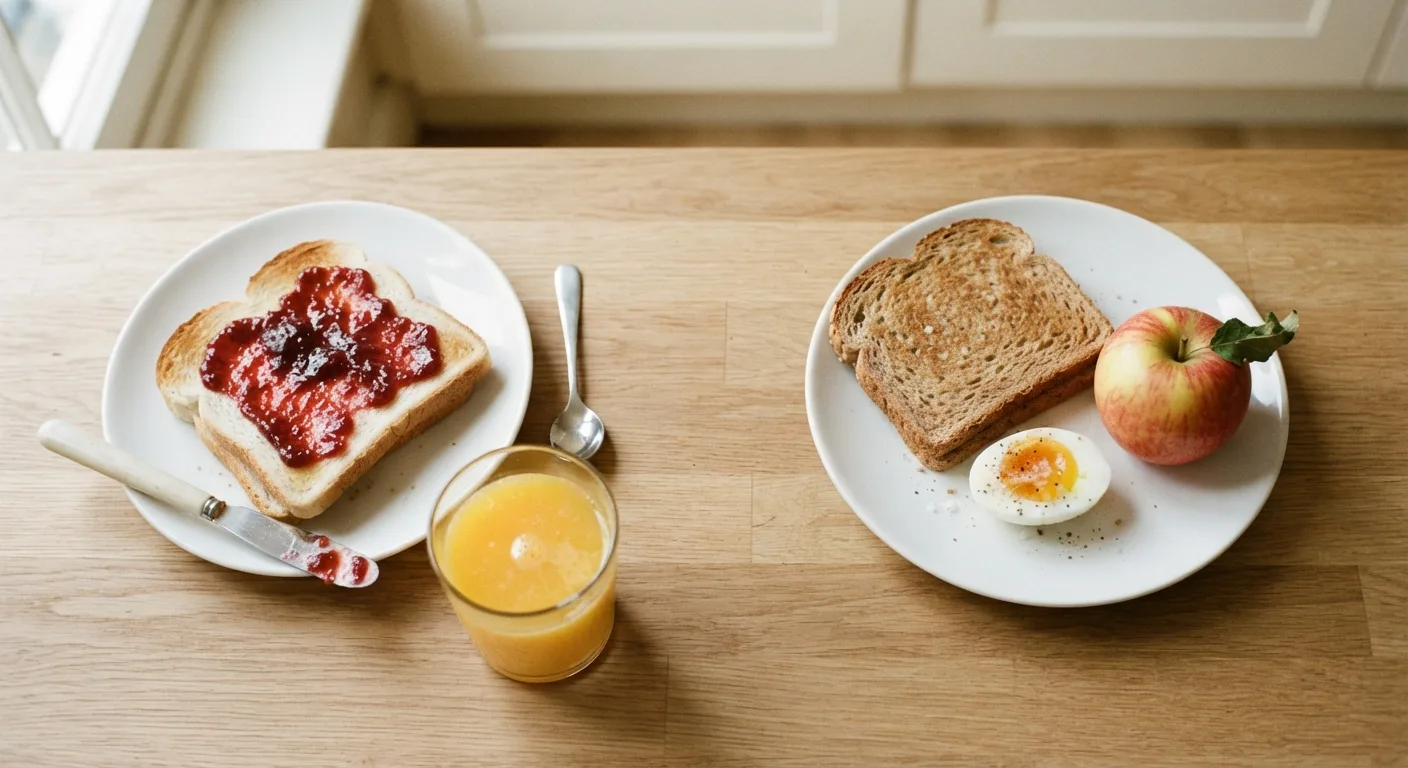 Deux petits-déjeuners côte à côte, l'un avec pain blanc et jus d'orange, l'autre avec pain complet, œuf et fruit entier