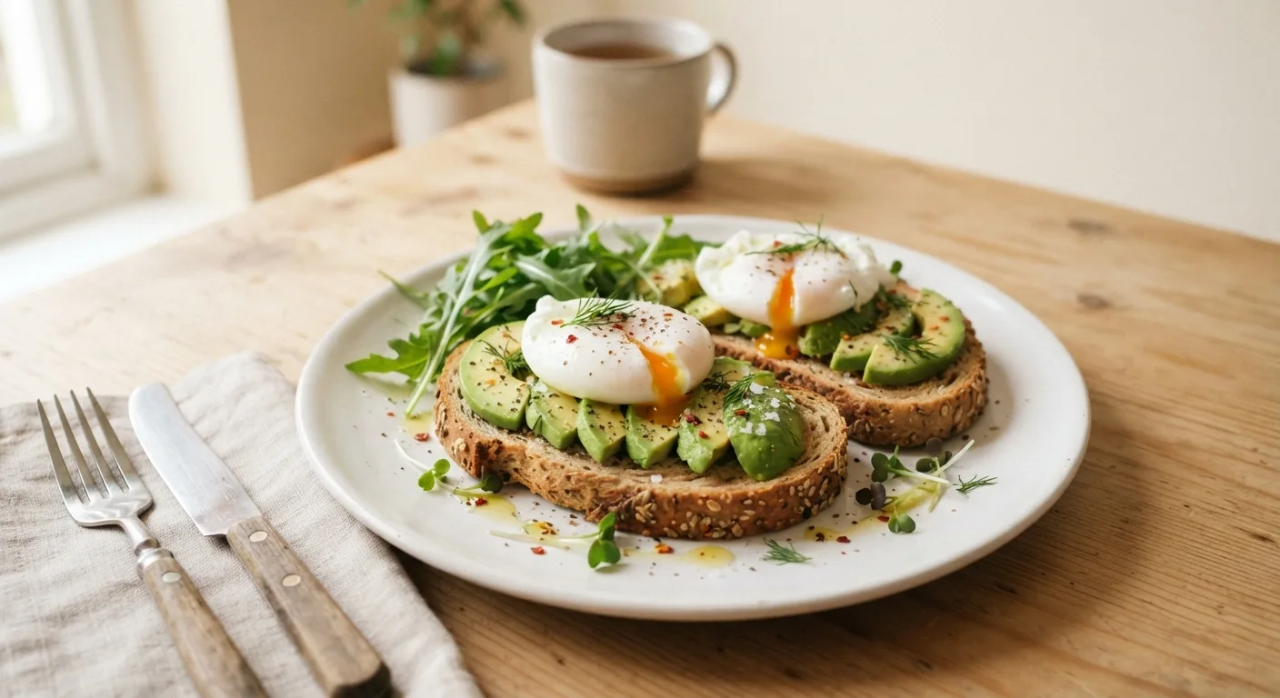 Tartines de pain complet garnies d'avocat et d'œuf, posées sur une assiette claire