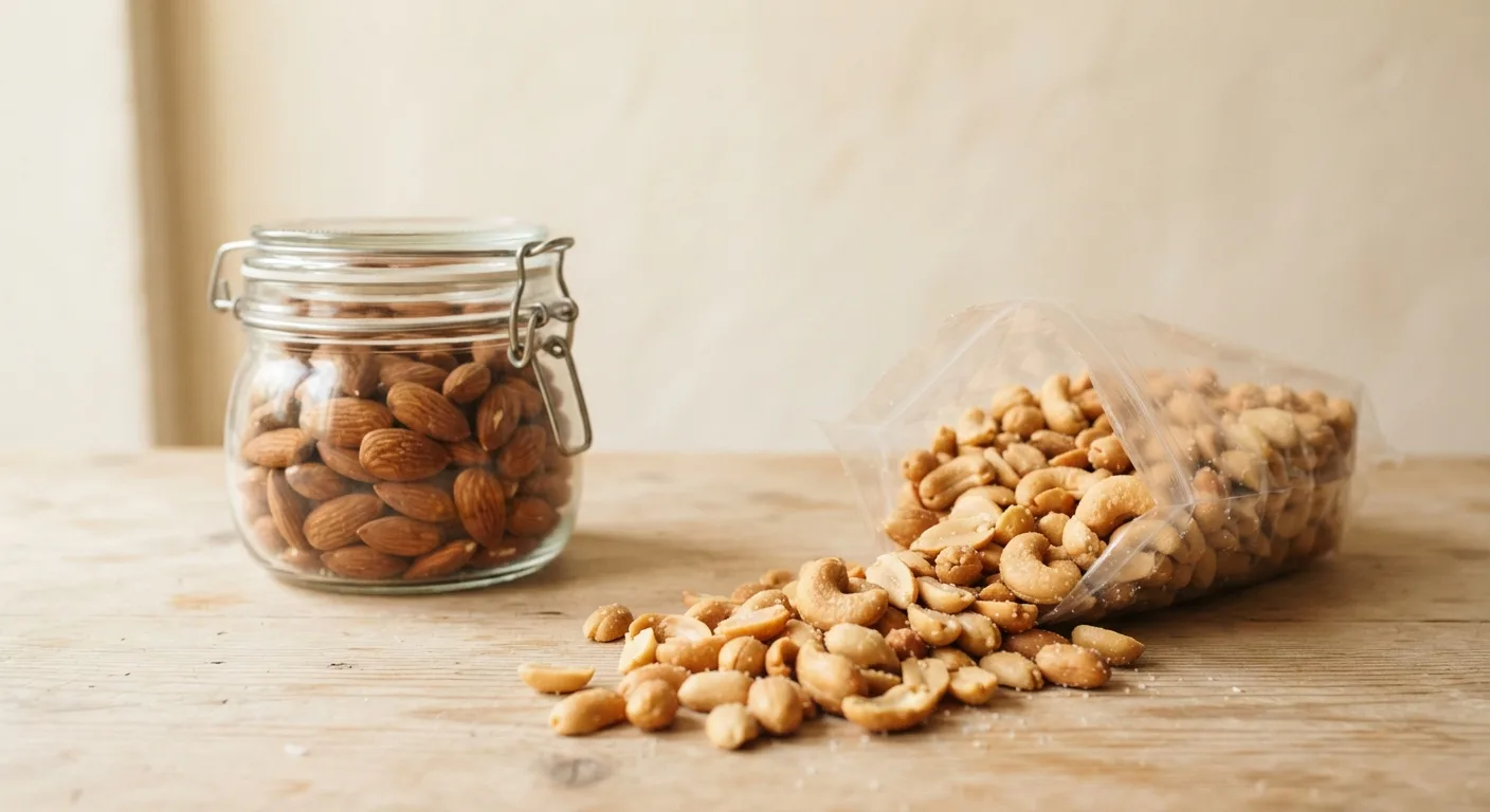 Amandes nature en bocal comparées à un mélange apéritif salé en sachet