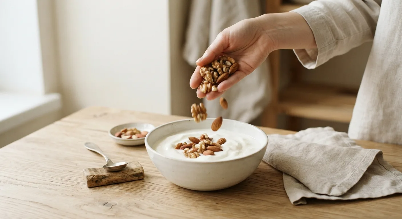 Petite poignée de noix et d'amandes nature versée sur un yaourt nature au petit-déjeuner